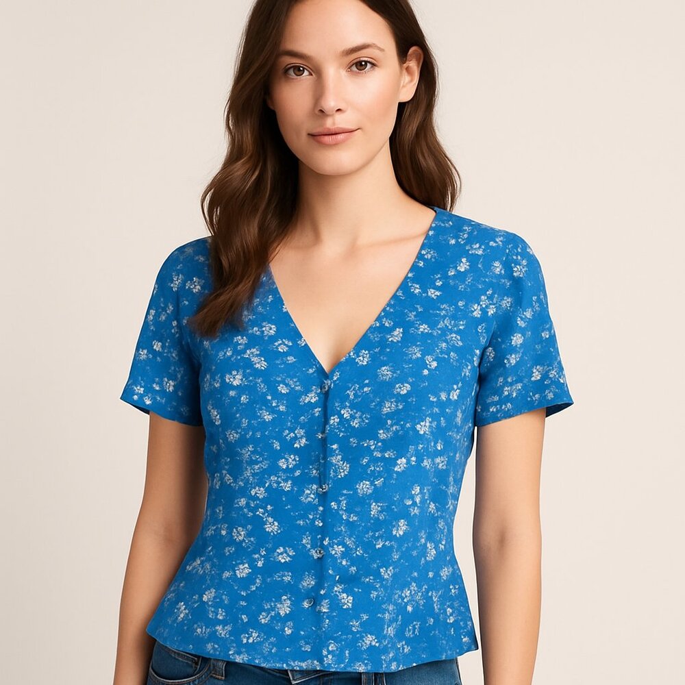 Nordstrom BP Royal Blue Floral Button Down Blouse - Size Small